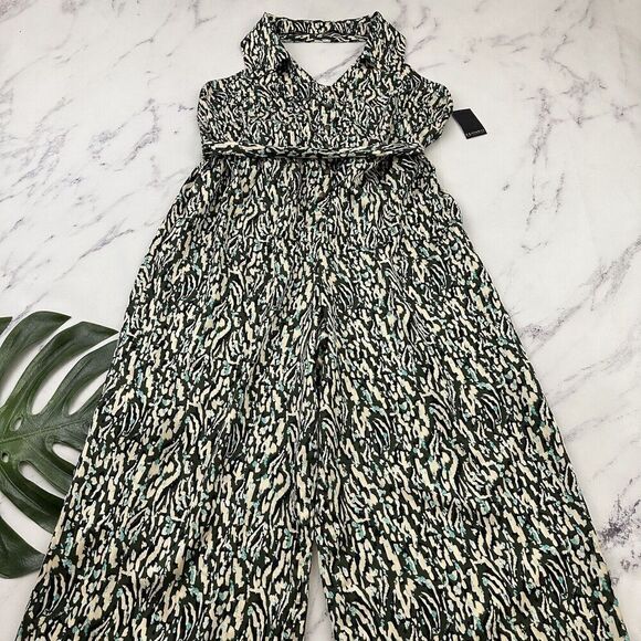 Eloquii Halter Neck Jumpsuit Plus Size 20 New Green Blue Print Satin Wide Leg - Picture 1 of 11